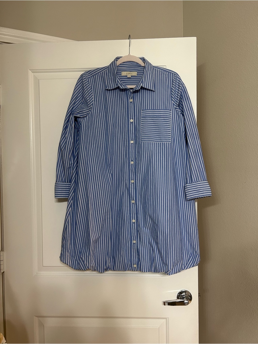 LOFT Blue and White Striped Long Sleeve Shirt Dress